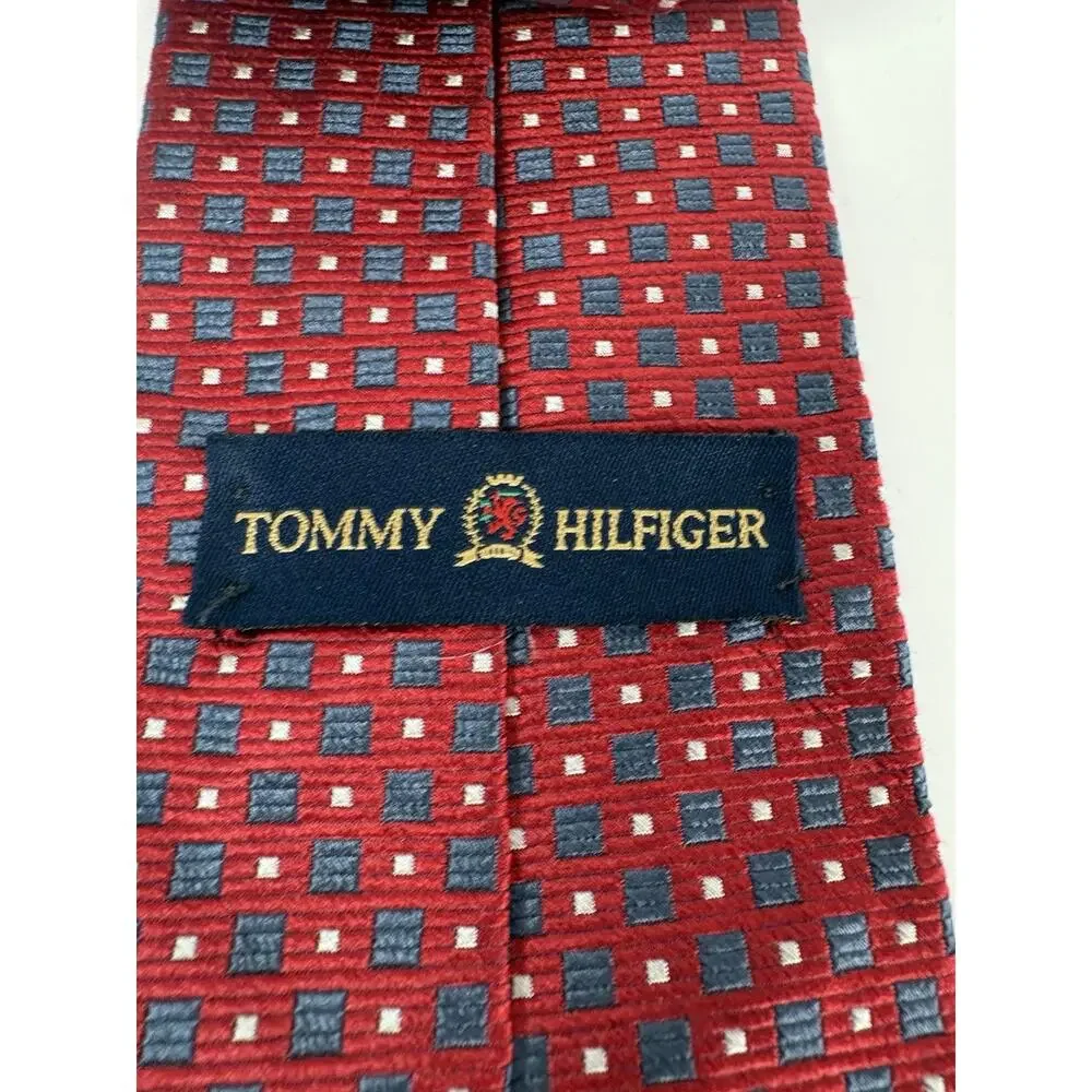 Vintage Tommy Hilfiger Mens 100% Silk Tie Red Blue Geometric Made USA Necktie